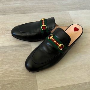 Gucci Princetown Black Leather Slippers with hearts